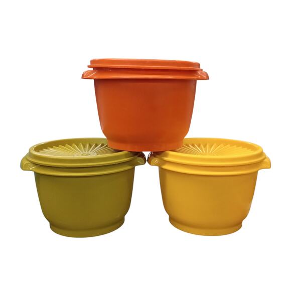 VTG Tupperware Servalier Bowls #886 w/lids Set of 3 - Yellow, Orange, Avocado - Picture 1 of 4